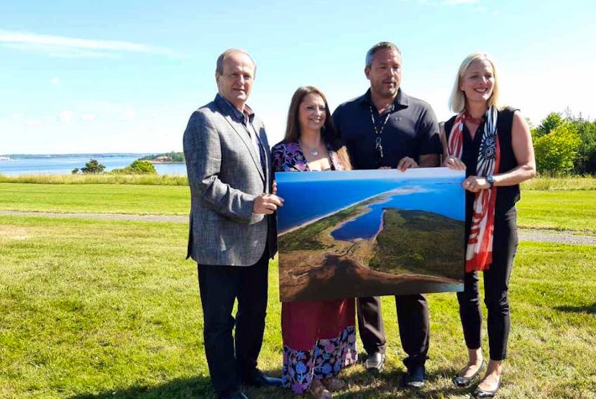 Member of Parliament for Egmont, Bobby Morrissey (left), Lennox Island First Nation Chief Darlene Bernard, Abegweit First Nation Chief Junior Gould, and Catherine McKenna federal minister of Environment were on hand Wednesday for the announcement of Phase 1 to make Hog Island Sand hills a national park reserve. Submitted photo/Bobby Morrissey