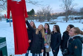 Students Moira Embree and Abbie Byrnes raise a red dress into a tree in the Beacon Street Park in Amherst. Members of the Grade 9 citizenship class at Amherst Regional High School are placing 16 red dresses around town in honour of hundreds of missing and murdered Indigenous women. Darrell Cole - SaltWire Network