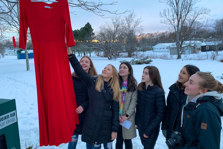 Students Moira Embree and Abbie Byrnes raise a red dress into a tree in the Beacon Street Park in Amherst. Members of the Grade 9 citizenship class at Amherst Regional High School are placing 16 red dresses around town in honour of hundreds of missing and murdered Indigenous women. Darrell Cole - SaltWire Network