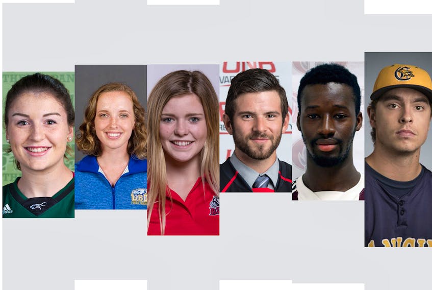 The finalists for the Synergy Fitness & Nutrition intercollegiate athletes of the year, from left, are Jenna Mae Ellsworth, Abbey MacLellan, Hannah Taylor, Stephen Anderson, Ibrahima Sanoh and John Patrick (J.P.) Stevenson.