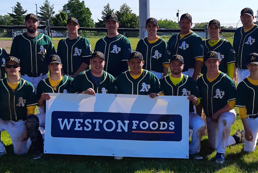 The Amherst Weston Athletics is hosting the Nova Scotia Intermediate AA Baseball Championships. Members of the club include: (front, from left) Nate Stone, Mats Stone, Logan Dowe, Morgan Jobes, Andrew Skinner, Cole Stevens, Burke Beed, (back, from left) Gus Tupper, Cody Sutton, Adam McAloney, Brad Blenkhorn, Brady Davis, coach Bill Jobes, Justin Morton and coach Darren Collins. Missing are Brandon Greeno and Matt Smith.
