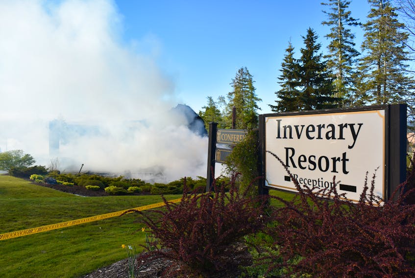 Thick, billowing smoke coming from the remains of the main reception building at the Inverary Inn could be seen for kilometres. What’s left of that portion of the inn in Baddeck could barely be seen from only a few metres away.
