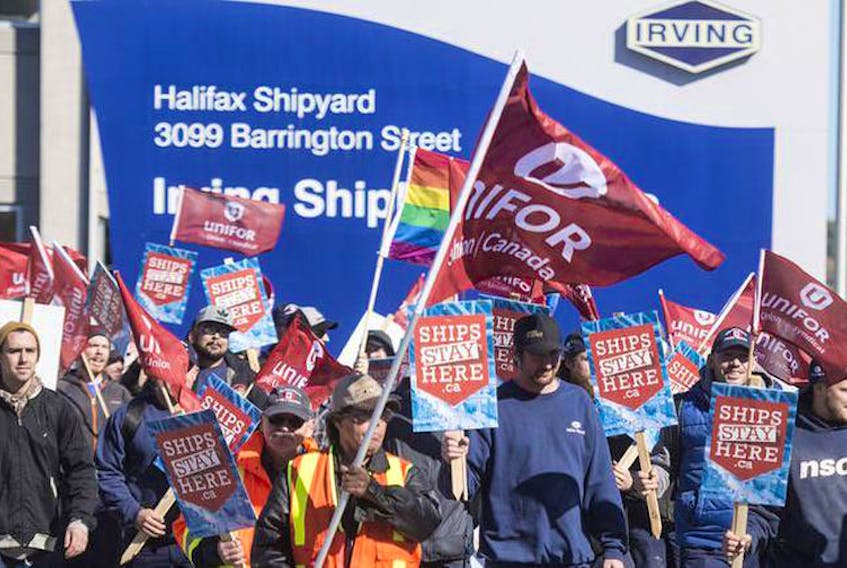 Unifor members march from the Halifax Shipyard to Grand Parade to support the Ships Stay Here campaign on Tuesday afternoon.