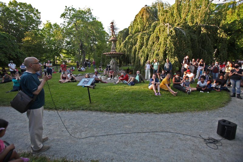 Isaac Saney, a Dalhousie University professor, gives his presentation about the Boer War statue, in the Public Gardens, during the Walk Against Winston, a guided tour of downtown Halifax's monuments to slavery and colonialism, June 16, 2020. - Tim Krochak