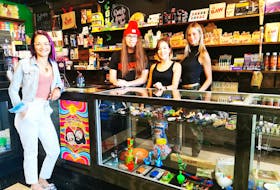 Cannabis accessories store owner Megan Patey and her staff, Jared Mundy, Kenzie Arsenault and Paige MacAdam, have brought Island ReLeaf Glass' sales back up to pre-Covid-19 levels after the pandemic shutdown earlier this year by changing the mix of products for sale and putting in place a new traffic flow for the business.