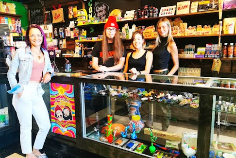 Cannabis accessories store owner Megan Patey and her staff, Jared Mundy, Kenzie Arsenault and Paige MacAdam, have brought Island ReLeaf Glass' sales back up to pre-Covid-19 levels after the pandemic shutdown earlier this year by changing the mix of products for sale and putting in place a new traffic flow for the business.