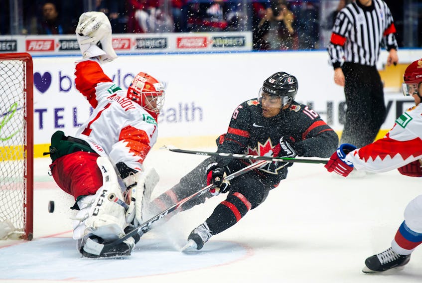 Canada’s Akil Thomas  scores the winning goal  against  Russia in the gold medal game at the IIHF world junior hockey championship in Ostrava, Czech Republic,  on Sunday. Canada won 4-3. Simon Hastegard