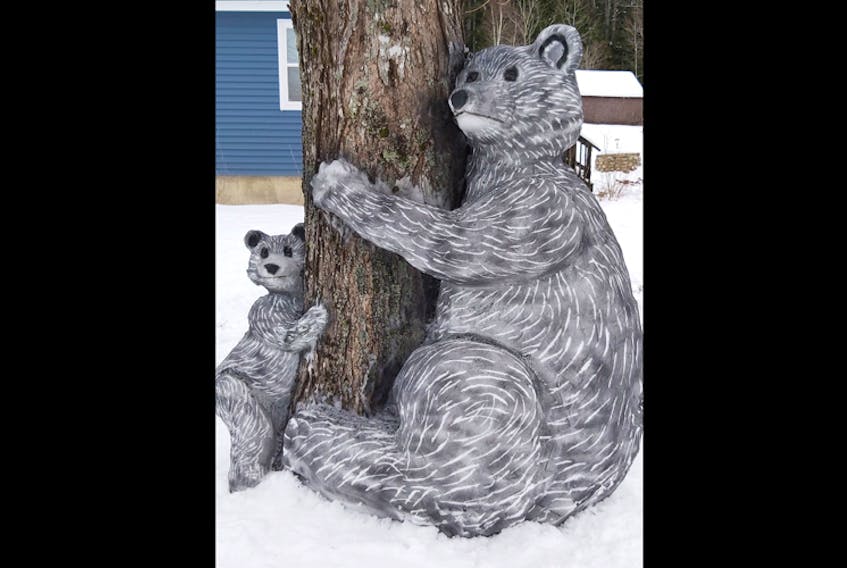 You’d be forgiven if you needed a second or third look. This is indeed a snow sculpture. Leah Anne Perry is the artist behind the stunning display. You’ll find Mamma bear and her cub clinging to a tree somewhere in Chester Basin, N.S.