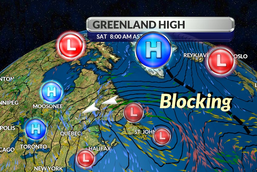 A blocking Greenland high created an unusual retrograde across Atlantic Canada this week. - WSI