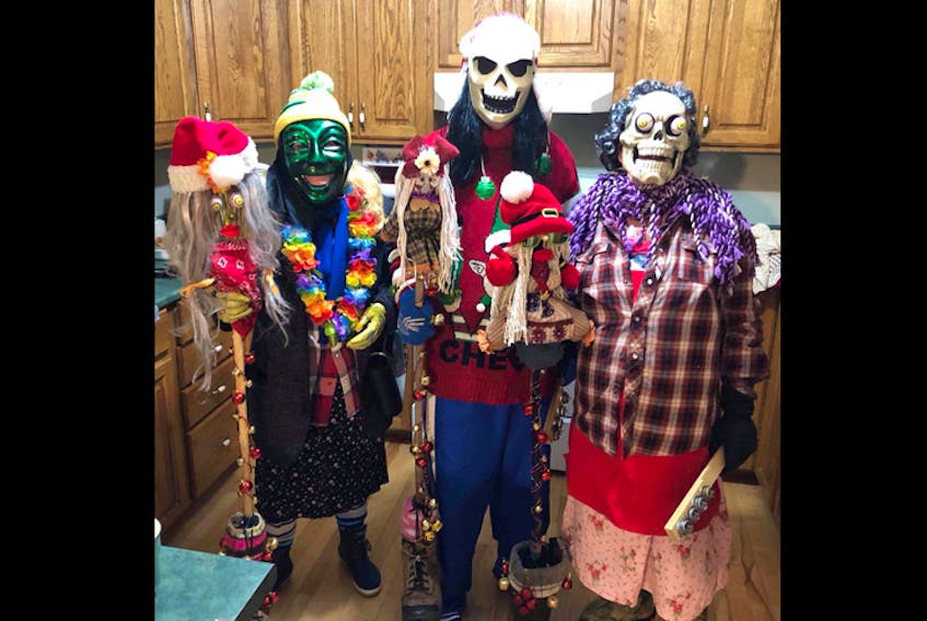 From Linda Lou:

“The mummers were out in the Steep Creek & Mulgrave area over the holidays. A Newfie tradition which our friends are now a part of. A small group this year, but look out 2020! Thank you Sharon, Charlie, & the 12 homes we visited for allowing theses crazy mummers in! Of course mummering would not be the same without the ugly sticks, so here’s to Bella, Gertie & Beulah”.