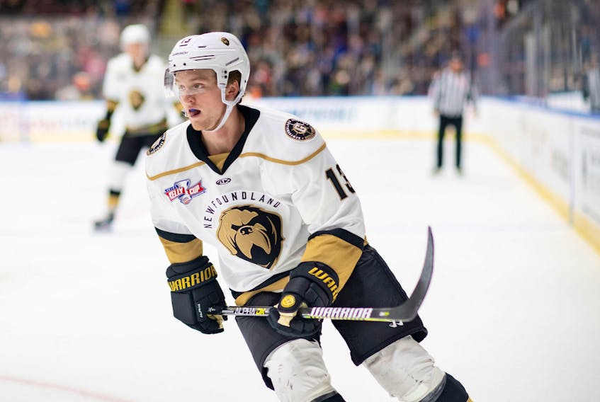 Rookie Riley Woods (13) scored twice for the Newfoundland Growlers in a Friday-night win in Worcester. — Newfoundland Growlers photo/Joe Chase