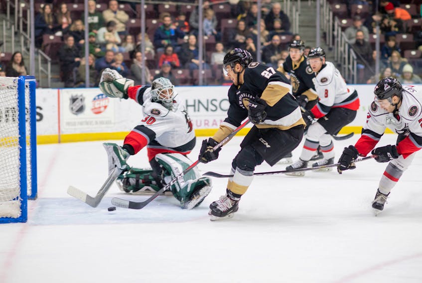 The Newfoundland Growlers' Matt Bradley (27) slips the puck behind Adirondack Thunder goaltender Devin Buffalo in the second period of their ECHL game at Mile One Centre Saturday night. The Growlers won their fifth straight game, downing the Thunder 3-1. — Newfoundland Growlers photo/Joe Chase