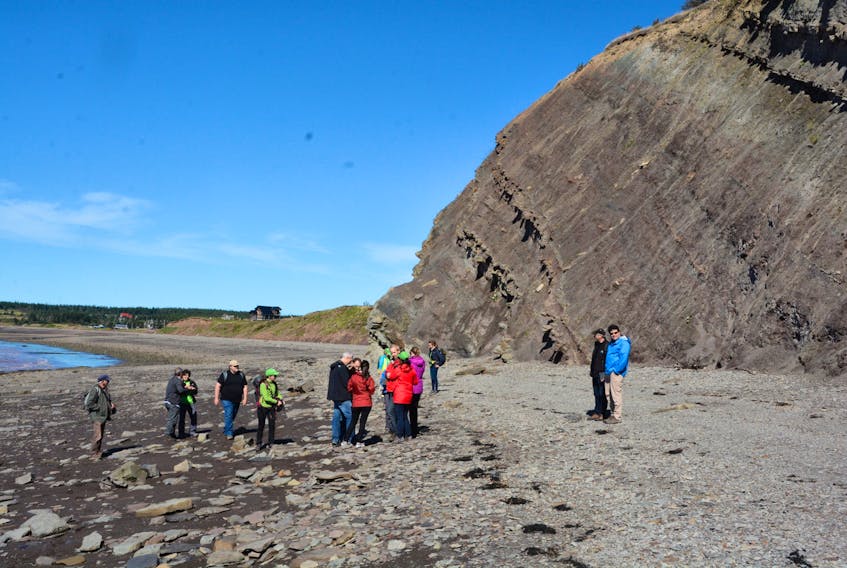 Scientists attending the first Joggins Research Symposium tour the beach at Joggins.