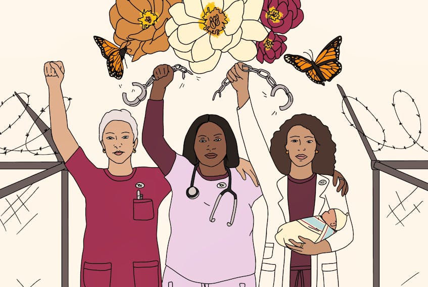 Keisha Jefferies, Leah Carrier, and Martha Paynter's letter which urge nurses in North America to support the abolition of policing and prisons was published in the Nurses for Public Health journal. This illustration, created by Halifax-based artist Julie Hutt, represents nurses breaking apart chains while standing between broken prison fences.