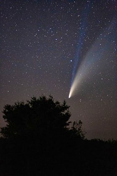 Once in our life-time

Last night, Barry Burgess patiently waited for Comet NEOWISE to make an appearance.  His patience was rewarded and he snapped this incredible photo in Sunbury County New Brunswick. Barry says the comet was at its peak last night - with the blue ion tail visible.
Look for NEOWISE in the NW sky after sunset, until about mid-August. After that, astronomers expect Comet NEOWISE to bid farewell for quite some time. Its long, looping orbit around our star will bring it back to Earth's vicinity in approximately 6,800 years.