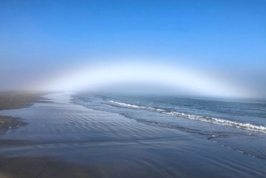 Albino rainbow?  Not quite.  It's a fog bow.  Donna Campbell was out for a walk one day earlier this month.  Lewis Head Beach in Sable River, N.S. was shrouded in fog but when Donna walked out of the fog and looked back, this is what she saw!  Donna had never seen a fog bow before and said it was quite something. The fog bow's lack of colour is caused by the smaller water droplets; these droplets scatter the light without breaking it up.
