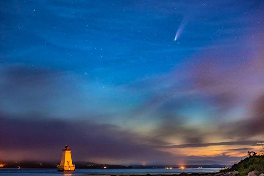 In just a couple of weeks, the window will close and Comet NEOWISE will not return for another 6,800 years. Last weekend, Barry Burgess hoped he could capture the comet in a photo with the lovely Sandy Point Lighthouse. Barry says he was lucky: "within two minutes of taking this image, the fog blocked most of the sky." Twilight was still quite bright at 10:23 p.m. when the image was taken in Shelburne Nova Scotia.