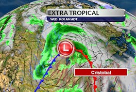 While you were sleeping, Tropical Depression Cristobal intensified and became an extratropical storm.  It’s now travelling with a warm and cold front.  - WSI