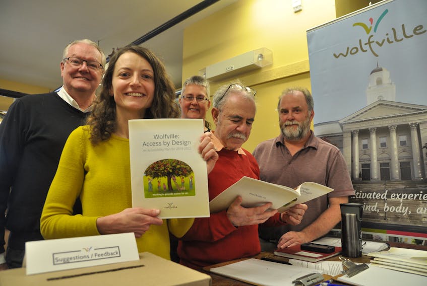 Mayor Jeff Cantwell stands with Accessibility Advisory Committee chairperson Agnieszka Hayes, vice-chairperson Birgit Elssner, advocate David Daniels and co-ordinator Mike MacLean at the launch of Wolfville’s Accessibility Plan May 1 at the town’s farmers’ market.