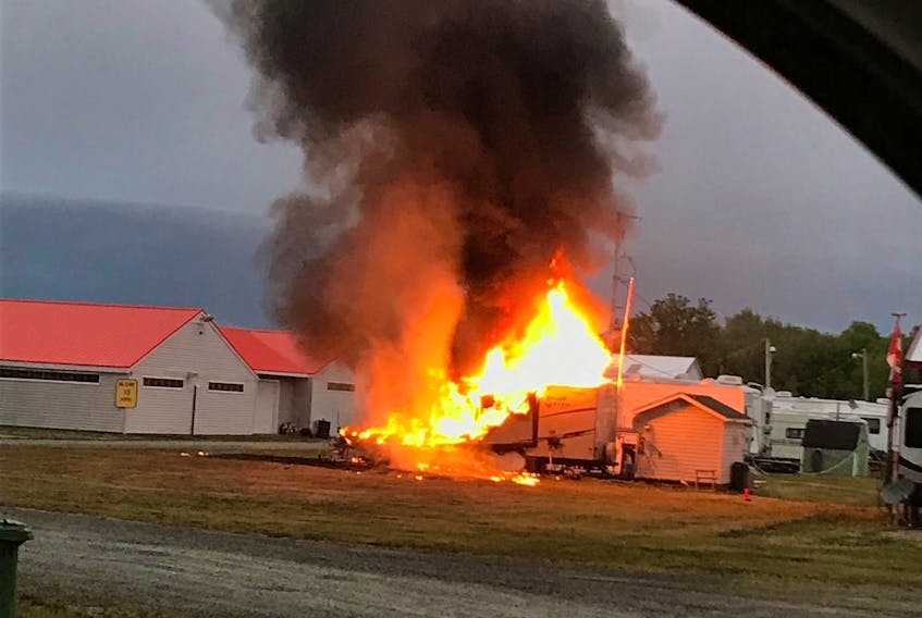 A camper trailer and shed caught on fire Aug. 26 at the Stanley Airport. - KYLYNNE SHEFFIELD PHOTO