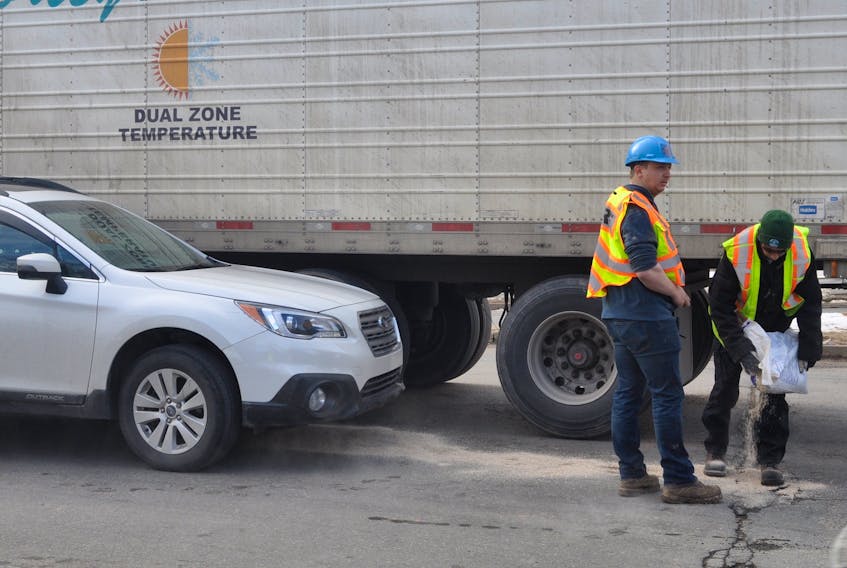 A car versus transport truck resulted in some damage but no injuries April 10 in Kentville.