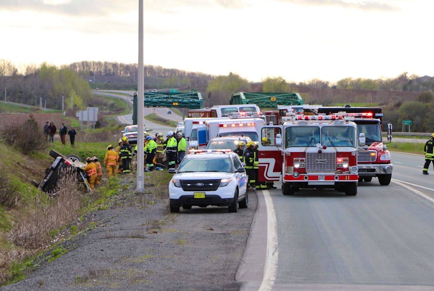 A single vehicle rollover on Highway 101 near Avonport occurred around suppertime May 22. Hantsport and Wolfville fire departments were called to help assist with extrication and traffic control. ADRIAN JOHNSTONE