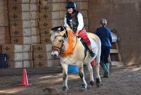 Free Spirit Therapeutic Riding Association rider Hannah Cliche feels right at home with therapy horse Stella. Pictured practicing in the indoor riding ring at Rohan Wood Stables Oct. 31, the duo is dressed as pirates for Halloween.