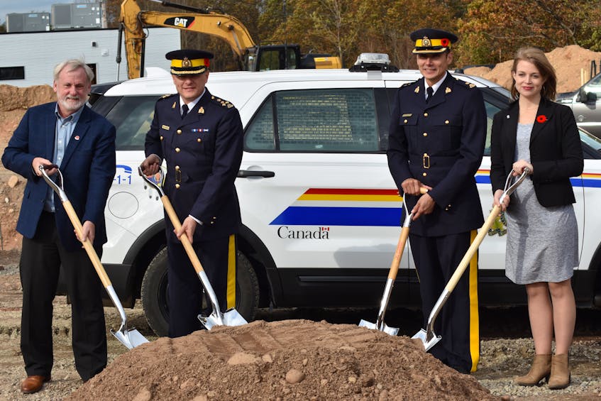Kings South MLA Keith Irving, Assistant Commissioner Brian Brennan, commanding officer of the Nova Scotia RCMP, Kings District RCMP Insp. Dan Morrow and Kings County Deputy Mayor Emily Lutz participate in the groundbreaking ceremony hosted at the future site of the new RCMP detachment in New Minas Nov. 2.