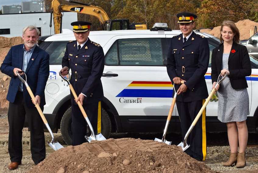 Kings South MLA Keith Irving, Assistant Commissioner Brian Brennan, commanding officer of the Nova Scotia RCMP, Kings District RCMP Insp. Dan Morrow and Kings County Deputy Mayor Emily Lutz participate in the groundbreaking ceremony hosted at the future site of the new RCMP detachment in New Minas Nov. 2.