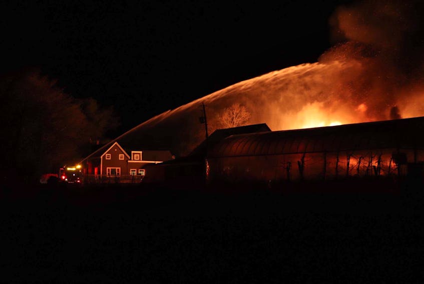 Kentville firefighters responded to a nighttime fire at a farm in Lakeville, Kings County May 3. Smoke could be seen for several kilometres away.