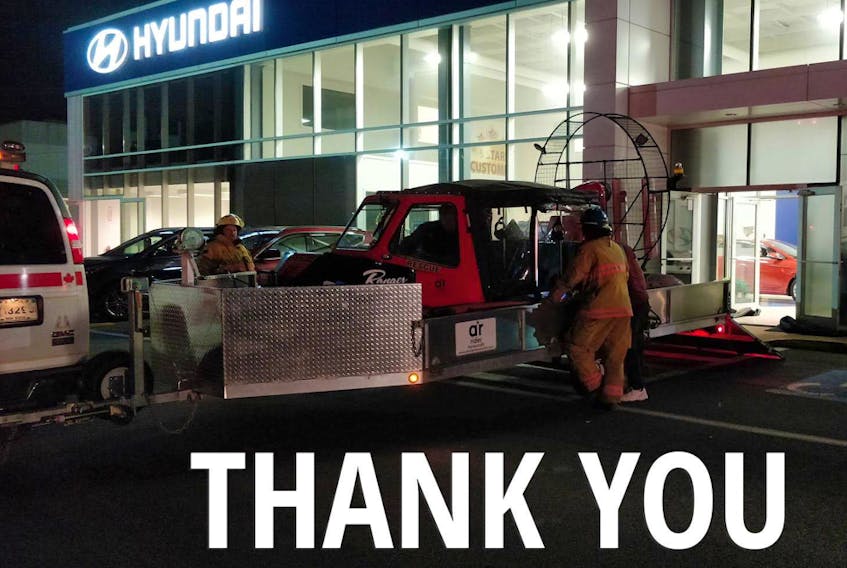 Staff with Bruce Hyundai posted this photo of the New Minas Volunteer Fire Department’s hovercraft ejecting toxic smoke from the dealership’s headquarters on Prospect Road on social media as a way of thanking the firefighters for quickly extinguishing the after-hours blaze the broke out in the business June 4.
