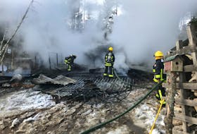 Four pigs and a duck died as a result of a fire that destroyed this barn in Bishopville Friday morning. (Hantsport Fire Department)