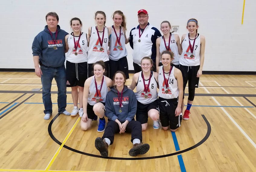 Back Row (left to right) Coach Rick MacKenzie, Sarah Parsons, Lauren Hainstock, Olivia Andrews, Coach Fred Cumby, Aidan MacLeod, Kerensa Johnson. Front Row (left to right) Tannis Palmer, Vanessa Vaughan, Brynna MacKenzie, Danielle Cumby. - Submitted