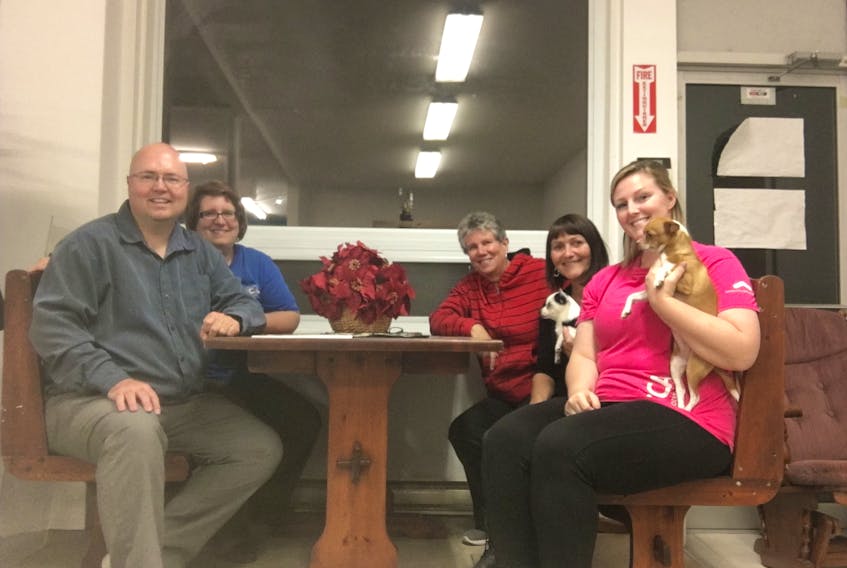 Mark Eastman, Shannon Eastman, Paula Hasler, Sue Sheehy and Nova Scotia SPCA employee Courtney Barber are among the key players getting the SPCA Kings Thrift Store ready for the scheduled opening date of Nov. 18.  (Submitted)