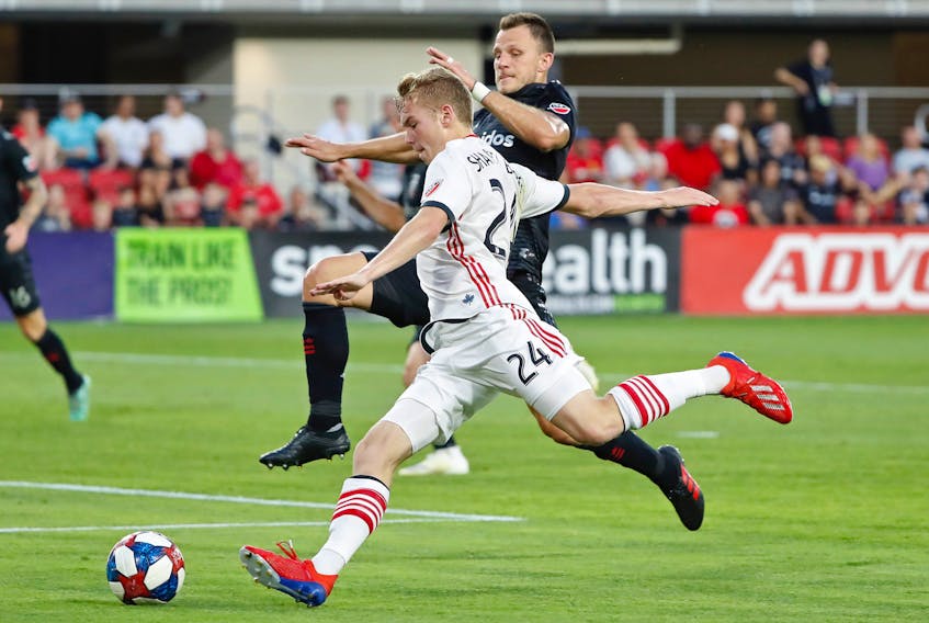 Toronto FC winger Jacob Shaffelburg, in professional Canadian soccer action.