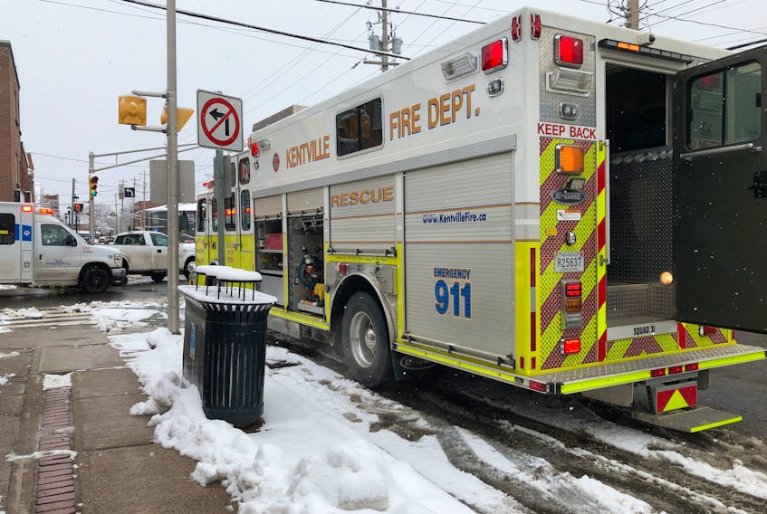 Firefighters, paramedics and police officers rushed to the scene of a vehicle-pedestrian collision at the intersection of Main and Aberdeen in downtown Kentville April 10.
