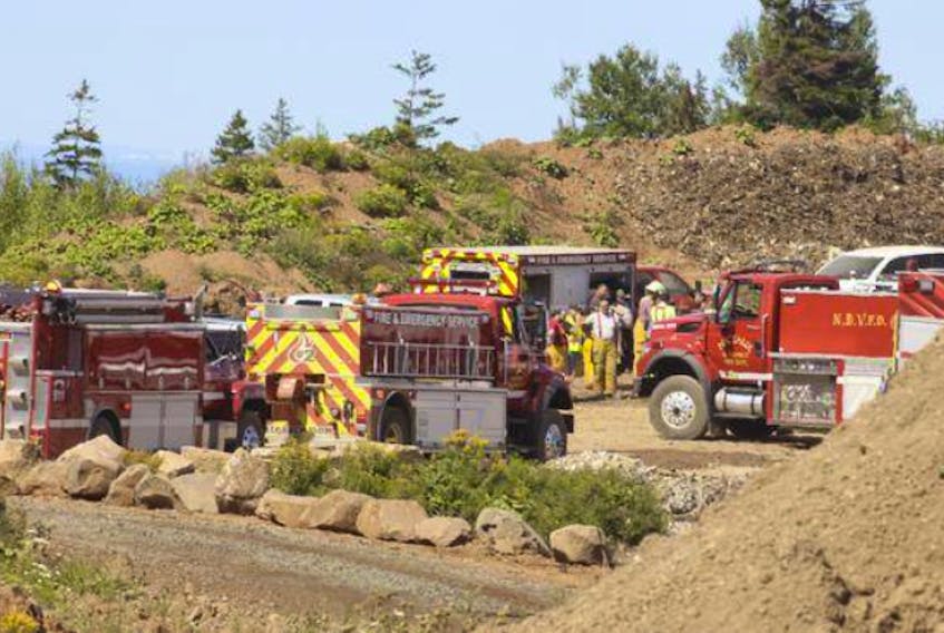 Fire trucks set up near a cell at the Arlington Heights C&D Site in Annapolis County after a blaze Sept. 7.