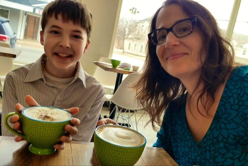 Twelve-year-old Solomon Caplan’s to-do list for March included making a business pitch to Kings County’s municipal council and competing in a business ideation competition at Acadia. Solomon is pictured here having a celebratory post-pitch tea with his mother, Cheri Killam Caplan.