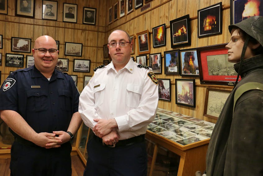 Firefighter Jonathan DeMont, left, and Deputy Fire Chief Jamie Juteau are hoping to meet with prospective firefighters April 16 during the Windsor Fire Department's recruitment drive.