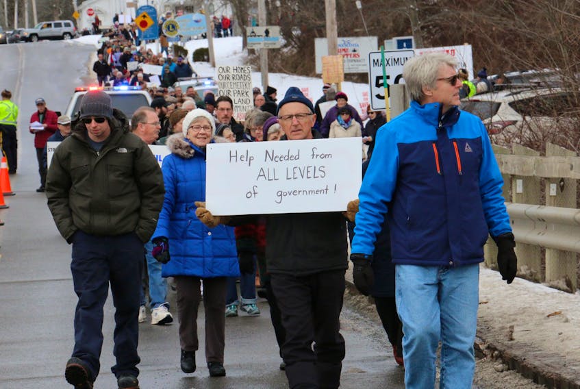 About 500 people marched across the Halfway River bridge connecting Hantsport to Mount Denson on Jan. 4 to protest the government’s lack of action on getting the failed aboiteau fixed.