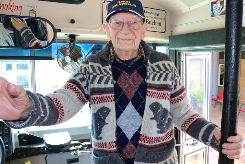Second World War veteran St. Clair (Joey) Patterson, formerly of Hantsport, was all smiles as he climbed aboard the Windsor Senior Citizens Bus bound for Halifax recently. Patterson, like many residents who now call Dykeland Lodge home, says he enjoys going on the daytime outings.