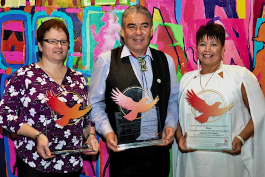 2017 Cando Economic Developer Award winners: (Left to right) Tammy Belanger, Green Leaf Enterprises - Indigenous Private Sector Business of the Year; Chief Sidney Peters, Glooscap First Nation - Community Economic Developer of the Year; Rose Paul, EDO with Paqtnkek Mi'kmaw Nation - Individual EDO of the Year.