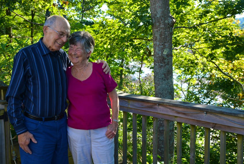 Bob and Carole MacDonald at their Schurman Road home just outside of Hantsport. They’re concerned that their property may be at risk after an aboiteau at the Halfway River collapsed, which has led to saltwater killing trees near their property.