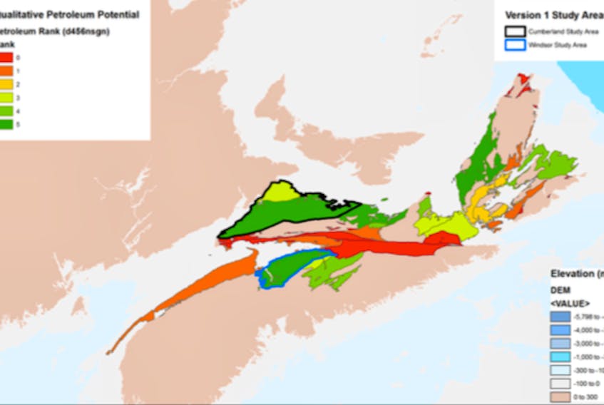 A map from the Onshore Atlas Project, commissioned by the provincial Department of Energy, shows that portions of Hants County, highlighted in green, have a high potential for shale gas reserves, which could be worth billions of dollars.