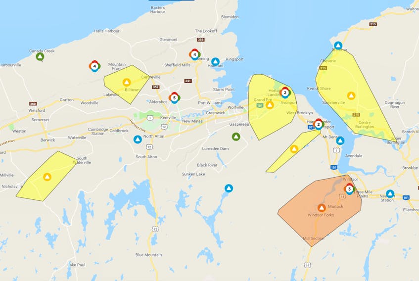 Nova Scotia Power’s Outage Centre map highlights several communities around Nova Scotia that are without power on Oct. 16.