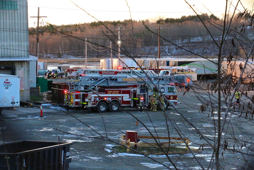 Firefighters from Brooklyn, Hantsport, Windsor and Wolfville helped extinguish a fire inside the Canadian Keyes Fibre (CKF Inc.) plant Nov. 18.