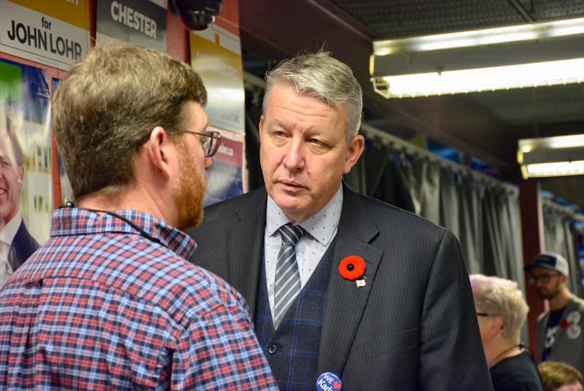John Lohr, chatting with Nova Scotia PC Party members during the leadership convention in Halifax on Oct. 27, 2018.