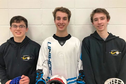 The three local floorball players going to the world tournament in May are, from left: alternate Riley Curry, Simon Tracy and Daniel Henri.