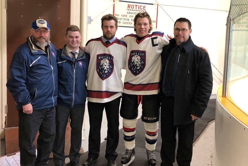 Mike LaPierre, the Windsor Royals’ head coach for the 2017-18 and 2018-19 seasons, has left the organization and is hoping to be granted approval to start a new Junior C team in Chester. Pictured here with LaPierre (far right), are, from left, trainer Craig Sanford, assistant coach Carter MacMullin, and hockey players Alex Carr and Kyle Armsworthy.