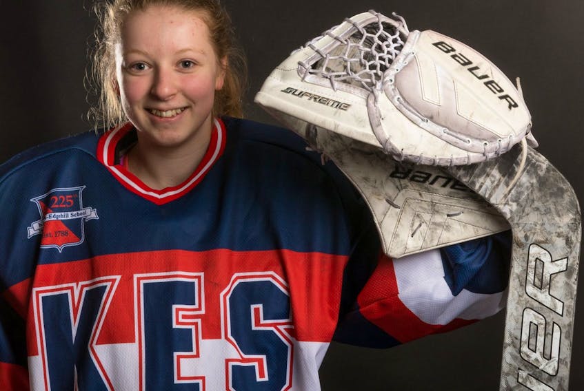 Goalie Deanna Fraser currently suits up for King’s-Edgehill School’s female prep hockey team.